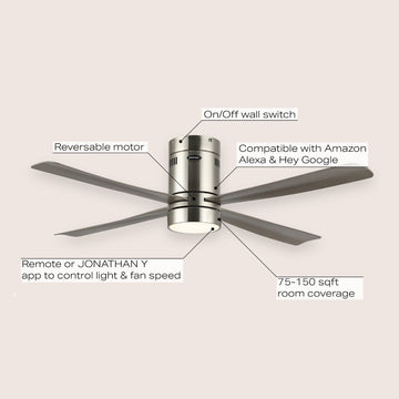 Theo 52" Contemporary Minimalist Iron/Acrylic Mobile-App/Remote-Controlled 6-Speed Integrated LED Ceiling Fan - JONATHAN Y